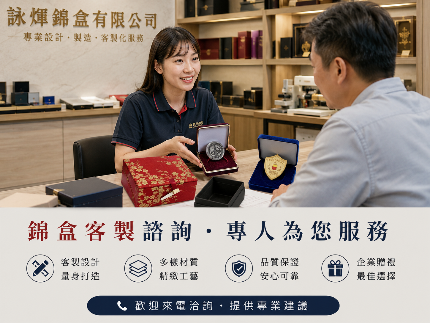 錦盒堅持全客製化、本廠手工精製的生產模式，從尺寸規劃、材質選擇